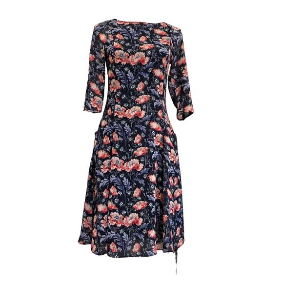 Zara Basic Dress Women’s Size XS Floral Fit & Flare Midi Blue V Back Pockets - Picture 1 of 12